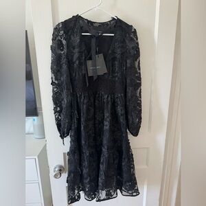 Cynthia Rowley Harlow Tie Front V-Neck Black Lace Midi Long Sleeve Dress